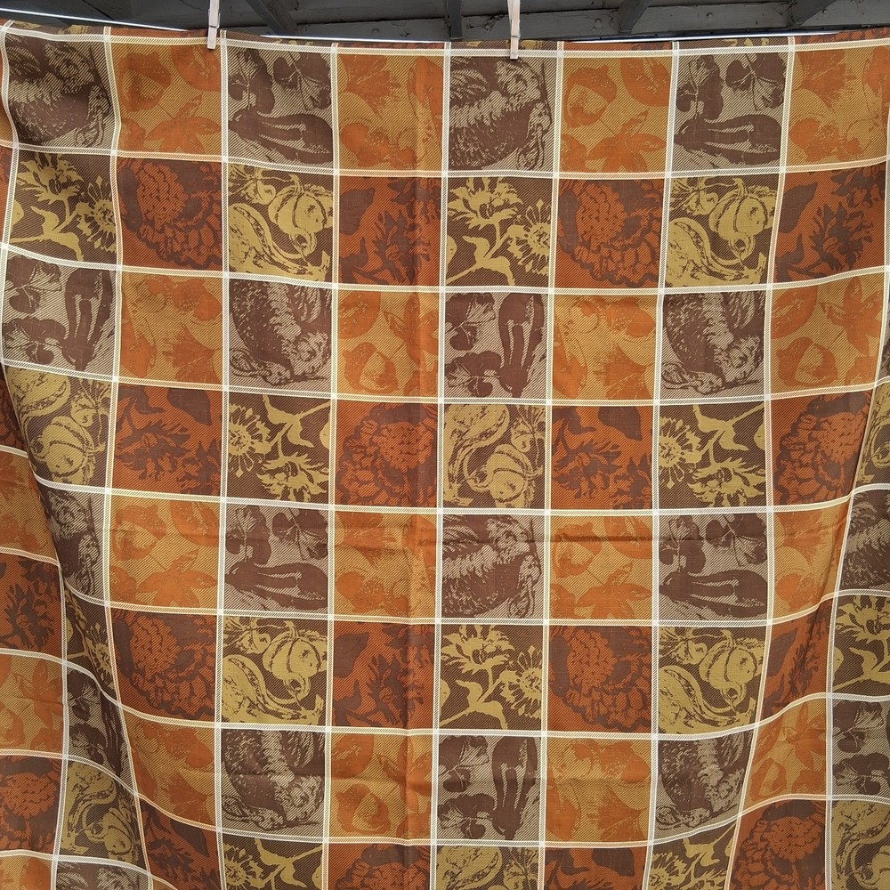 Vintage Walmart Autumn Fall Tablecloth 60x102 Oblong Plaid Leaf Pumpkin Brown